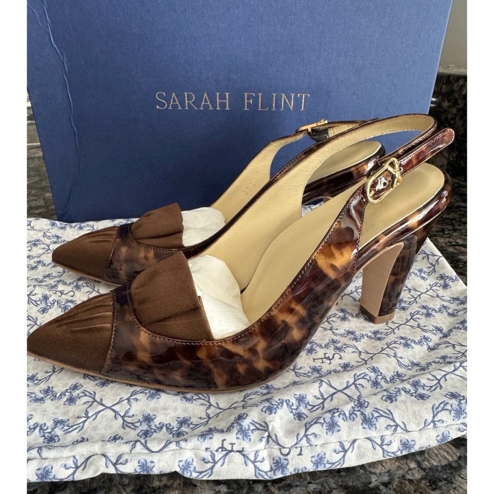 Sarah Flint Perfect Sabina Sling 85 Tortoise Patent Espresso Satin Pumps Sz 8.5